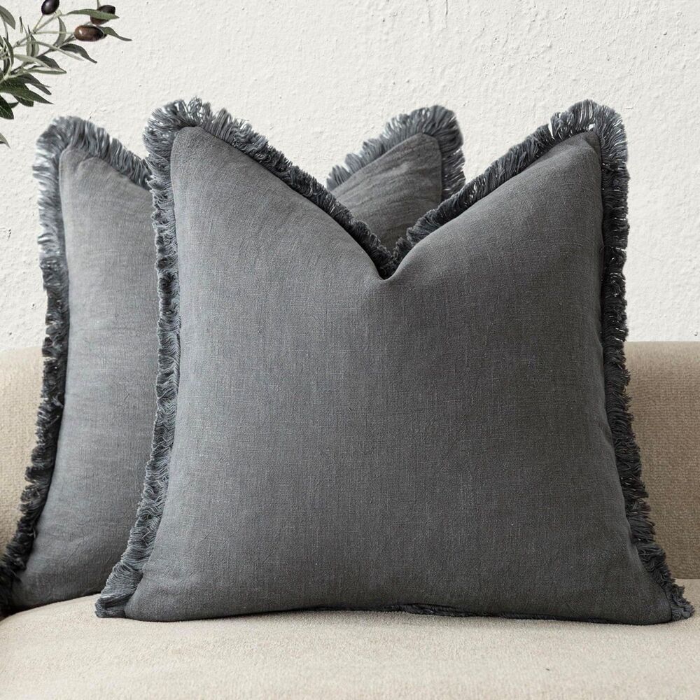 🌿 Foindtower 18x18 Set of 2 Linen Fringe Throw Pillow Covers Gray Boho